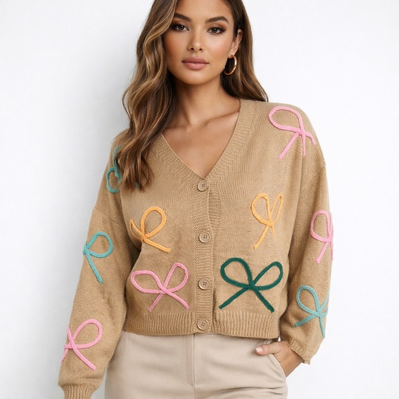 hunter + brown Sweaters - Chic Tan Cardigan with Colorful Bow Details
